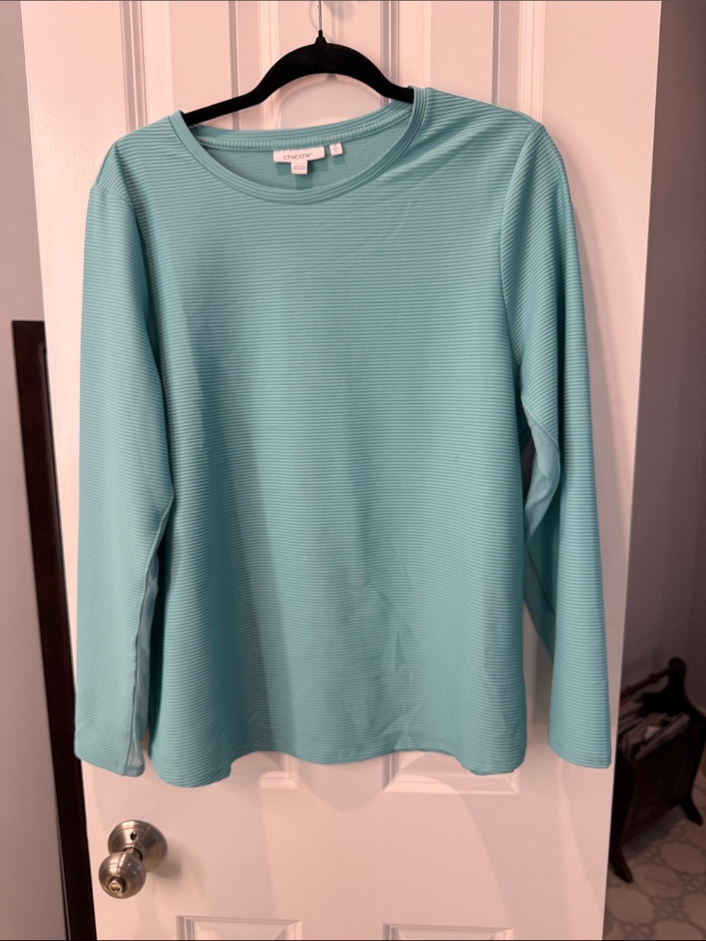 Chico’s Aqua Ribbed Long-Sleeve Crew Neck Top